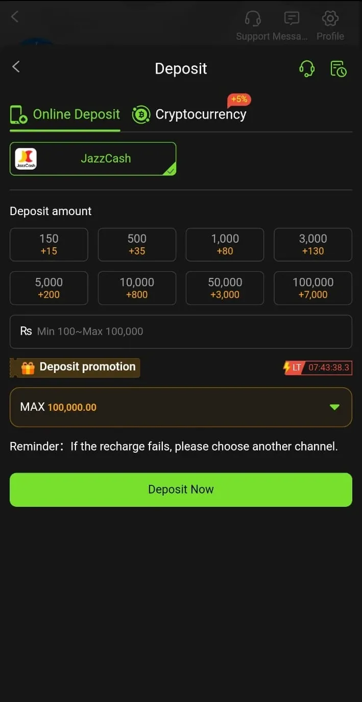 Y999 Game app deposit screen with JazzCash payment option