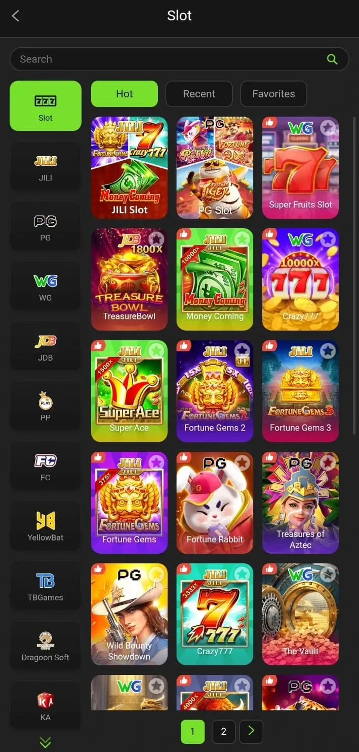 Y999 Game slots tab with available slot titles